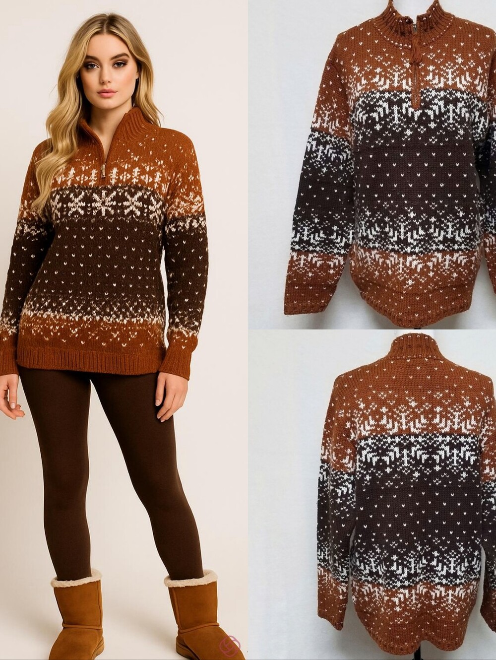 Tally-Ho Vintage 90s Multi-color Knit Snowflake Fair Isle Quarter-Zip Sweater XL